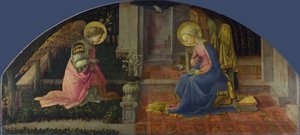 Bebådelsen. Målning av Fra Filippo Lippi (1406-1469), cirka 1448-1450. Tempera på trä. Mått: 68,6x152,7cm. London, National Gallery.