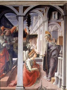 Bebådelsen, detalj av ängeln Gabriel och Jungfrun av Fra Filippo Lippi