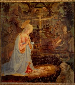 Jungfrun, Jesusbarnet, Johannes Döparbarnet och Sankt Bernhard av Clairvaux (San Bernardo di Chiaravalle) (1090 - 1153) Den sistnämnde var grundaren av cistercierorden och den första beskyddaren av Tempelherreorden. Detrempe på w av Fra Filippo Lippi