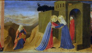 Besöket. Predella av altartavlan Bebådelsen, ca. 1433-1434.