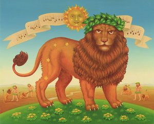 Leo, 1989 (olja och tempera på panel) av Frances Broomfield