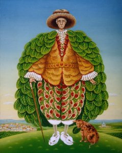 The New Vestments (Ivor Cutler som karaktär i dikten Edward Lear), 1994 (oljor och tempera på panel) av Frances Broomfield