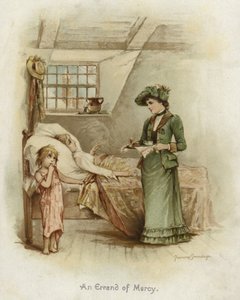 En kvinna som håller en bricka bredvid en säng av Frances Brundage