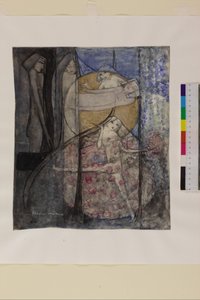 Kvinna som står bakom solen, ca 1912-15 (penna och akvarell på papper)