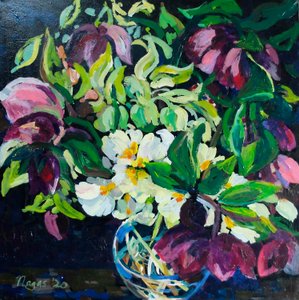 Helibore and Primroses on a Dark Ground, 2020 (akryl på duk)