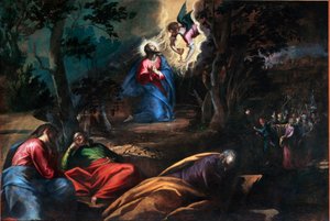 Bönen i olivträdens trädgård Till höger kommer Judas med soldaterna för att stoppa Jesus Kristus. Målning av Francesco Bassano den unge (ca 1549-1592) Venedig, Chiesa del Redentore, Italien av Francesco Bassano