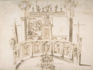 Design för en trädgårdsfest med en halvcirkelformad vägg och statyer i nischer., ca. 1635-79.