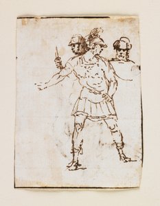 Studie av två romerska soldater och en skäggig figur (recto); Studie av en skäggig man som går med en pinne (verso) (penna och brunt bläck)