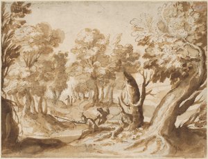 Två figurer som fiskar i ett landskap av Francesco Allegrini
