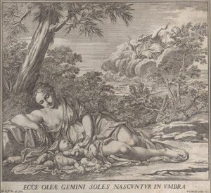 Latona och hennes sovande tvillingar, Apollo och Diana, i ett landskap, 1705. av Francesco Antonio Meloni