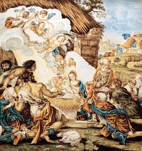 Spjälsäng, målad majolikatallrik, av Francesco Antonio Xaverio Grue (1686-1746), tillverkning av Abruzzo Castelli, Italien av Francesco Antonio Xaverio Grue