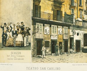 Utsikt över Royal Theatre of Saint Charles i Neapel, av Francesco Aversano, litografi hämtad från Neapel i antiken, av Raffaele d