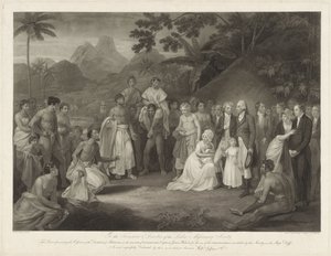 Kapitein James Wilson på ölandet Otaheité Överlåtelsen av Matavai (på Tahiti) till kapten James Wilson Överlåtelsen av distriktet Matavai på ön Otaheite till kapten James Wilson för användning av missionärerna som skickats dit av det sällskapet av Francesco Bartolozzi