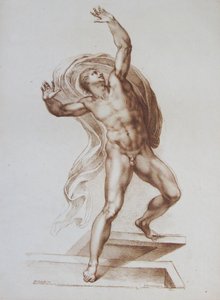 Manlig figur kopierad från Michelangelos "Den sista domen" (gravyr) av Francesco Bartolozzi
