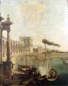 En capriccio, hamn med figurer som lastar en färja
