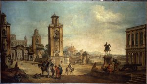 ""Gatubild i en stad, det stora torget med monument"" (Utsikt över en stad) Målning av Francesco Battaglioli (ec. venit.) (1722-1790) Eremitaget från 1700-talet, Sankt Petersburg