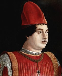 Porträtt av Gianfrancesco Gonzaga II (1400-talet) (Jean Francois Gonzague) Marquis of Mantua Målning av Francesco Bonsignori (1455-1519) runt 1490 Bergamo. Carrara Academy Gallery