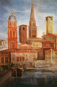 Vy över Mantua, Detalj av St Francis ber till Jungfru Maria för att få slut på epidemin, Ca 1618 av Francesco Borgani (1557-1624), 322x197 cm, Olja på duk av Francesco Borgani