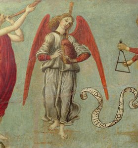 Ängel som spelar säckpipa, c.1475-97 tempera på paneldetalj av 64871, se även 64873 och 64874
