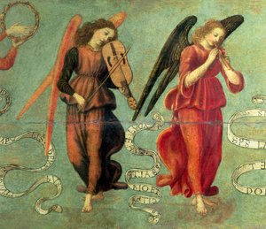 Änglar som spelar fiol och pipa, c.1475-97 tempera på paneldetalj av 64871, se även 64872 och 64873