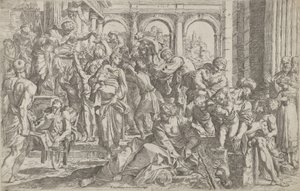 Saint Roch till vänster delar ut allmosor till en grupp människor som samlats runt honom, efter ..., 1590-1600.