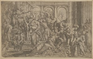 Saint Roch till vänster delar ut allmosor till en grupp människor som samlats runt honom, efter A..., ca. 1607.