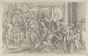 Saint Roch till vänster delar ut allmosor till en grupp människor som samlats runt honom, af..., ca. 1590-1600.