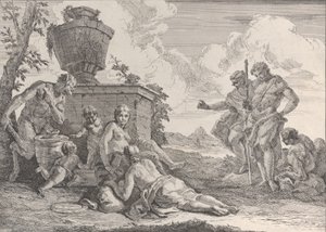 Satyr med klubba och sju figurer, från Bacchanals and Histories, 1744. av Francesco Fontebasso