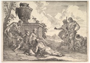 Satyr med klubba och sju figurer, från Bacchanals and Histories, 1744. av Francesco Fontebasso