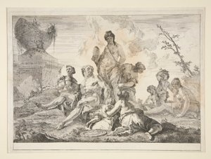 Venus, Vulcan, tre nymfer och tre keruber i ett landskap av Francesco Fontebasso