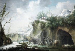 Ett flodlandskap på vintern, med resenärer på en snöig stig