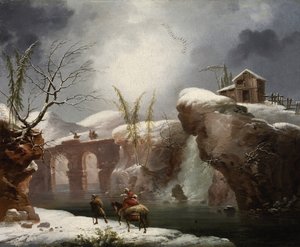 Ett vinterlandskap med resenärer vid en flod
