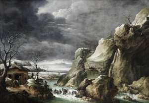 Resenärer närmar sig en lada i ett vinterlandskap, under en stormig himmel