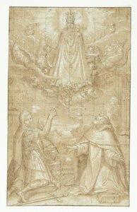 En krönt Madonna och Barn, draperad med en mantel och tunga kedjor, visar sig i molnen, omgiven av änglar och keruber, för två knäböjande helgon; den ene en soldat som är martyrdöd, den andre en präst (Hyacintus?). En ängel räcker ett bälte eller en rulla