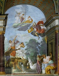 Allegori om Lawrence de Medici il Magnificents (1449-1492) död. Till höger, representation av ödets gudar, skåpen (eller parkerna): Clotho, Lachesis och Atropos. Fresk av Francesco Furini (160).