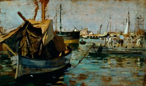 På jobbet i Livornos hamn (Leghorn) av Francesco Gioli (1846-1922), olja på panel, 22x38 cm