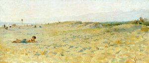 Strand i Cinquale av Francesco Gioli (1846-1922), olja på panel