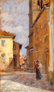 På gatan i Volterra av Francesco Gioli (1846-1922), olja på panel, 38x23 cm