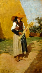 Studie för Gleaner (kvinnlig fälthand) av Francesco Gioli (1846-1922), olja på panel, 32x19 cm