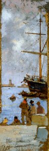Utsikt över hamnen i Livorno av Francesco Gioli (1846-1922), olja på duk överförd till kartong, 38x12 cm
