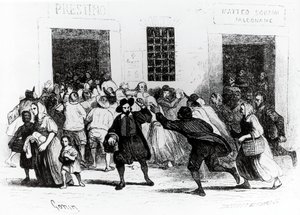 Plundringen av Bageri med kryckor, avsnitt från Trolovad, av Alessandro Manzoni (1785-1873), illustration av Francesco Gonin (1808-1889) 1840-upplagan