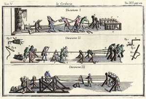 En corderie (strängfabrik) gravyr i "" Dictionary of Arts and Crafts "" "Venedig 1769 av Francesco Grisellini. av Francesco Grisellini