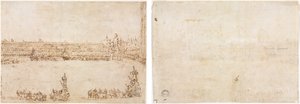 En procession av triumfbilar på Piazza San Marco, Venedig, för att fira besöket av Conti del Nord (recto) Tre skisser av bågar (verso) av Francesco Guardi