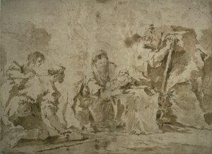 Herdarnas tillbedjan (recto); Tre skisser: Byggnader vid kanal med båtar, Landskap med buldingar på sluttning, Byggnader med portik (a tergo) av Francesco Guardi