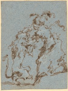 En elegant klädd kvinna som kämpar med ett lejon av Francesco Guardi