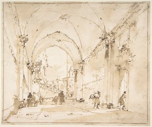 Arkitektoniskt capriccio: välvd passage som leder till ett torg av Francesco Guardi