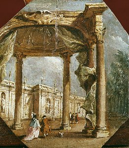 Capriccio av en dårskap med ett elegant par och en hund (olja på panel) av Francesco Guardi