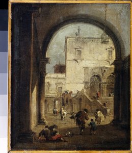 "Venetian Capriccio: utsikt över ett torg och ett palats" (Venetian Capriccio: utsikt över ett torg och ett palats) Målning av Francesco Guardi (1712-1793) 1775-1780 Sön. 27x23 cm Eremitagemuseet, Sankt Petersburg av Francesco Guardi