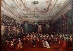 Galakonsert på Casino dei Filodrammatici i Venedig Kvinnokonsert. Målning av Francesco Guardi (1712-1793) Dim.67x90 cm München, Alte Pinakothek av Francesco Guardi