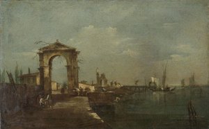Landskap med en kaj och skepp på en sjö av Francesco Guardi